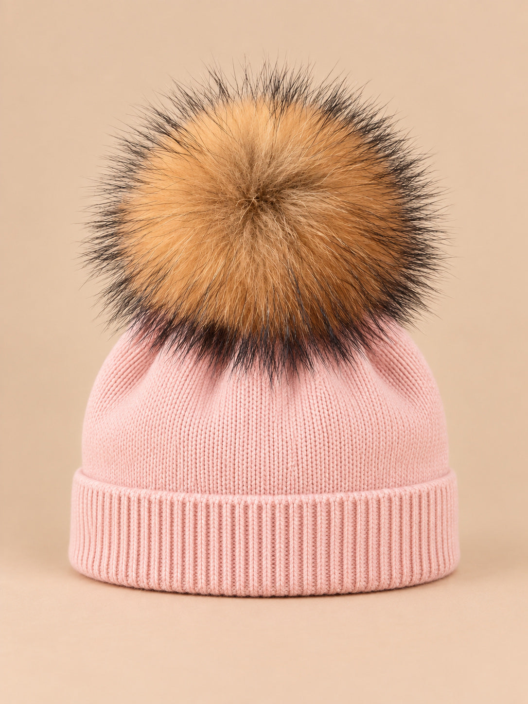 Berretto da bambino in misto lana con pompon in pelliccia, pompon naturali, colore rosa, vista frontale