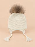 Set berretto e sciarpa da bambino con pompon in pelliccia, colore bianco, vista frontale