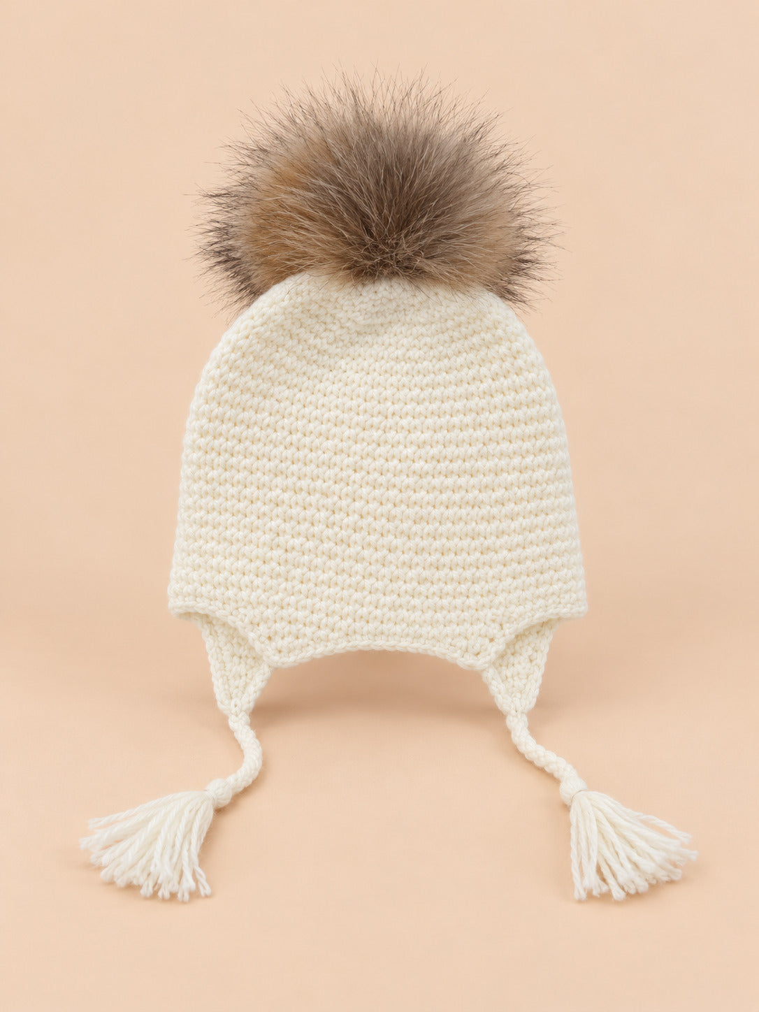 Set berretto e sciarpa da bambino con pompon in pelliccia, colore bianco, vista frontale