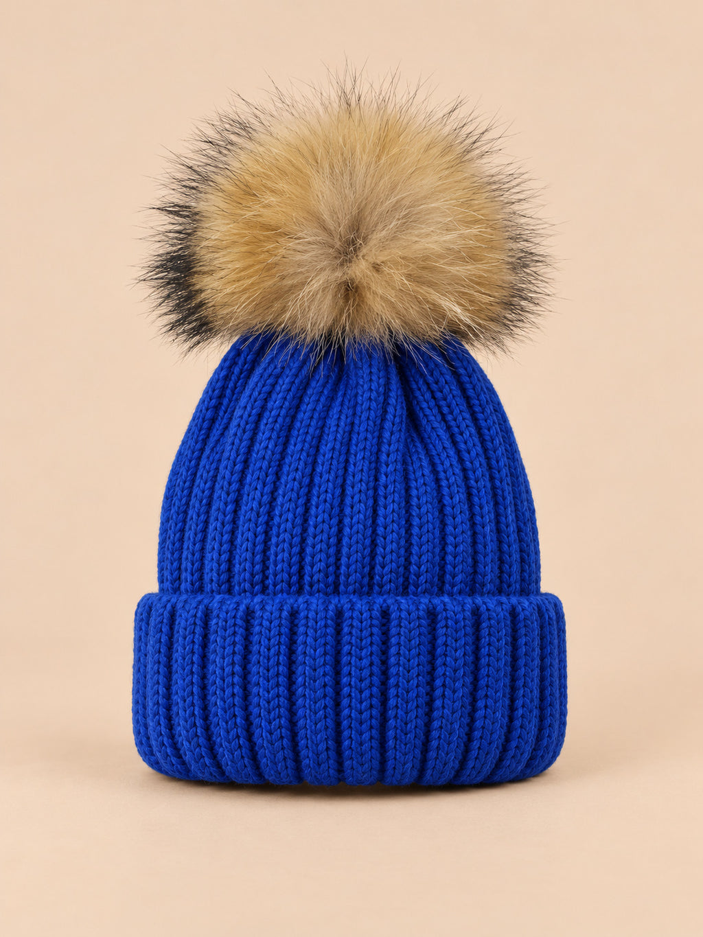 Set berretto e sciarpa da bambino con pompon in pelliccia, colore blu, vista frontale