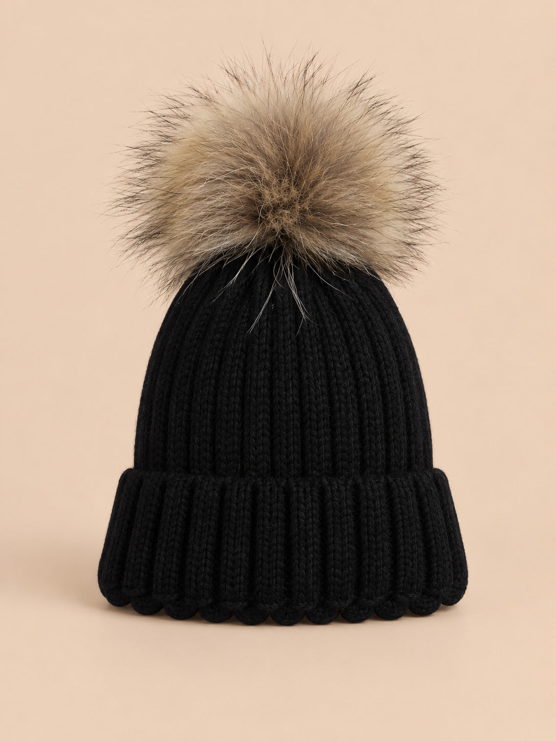 Set berretto e sciarpa da bambino con pompon in pelliccia, colore nero, vista frontale