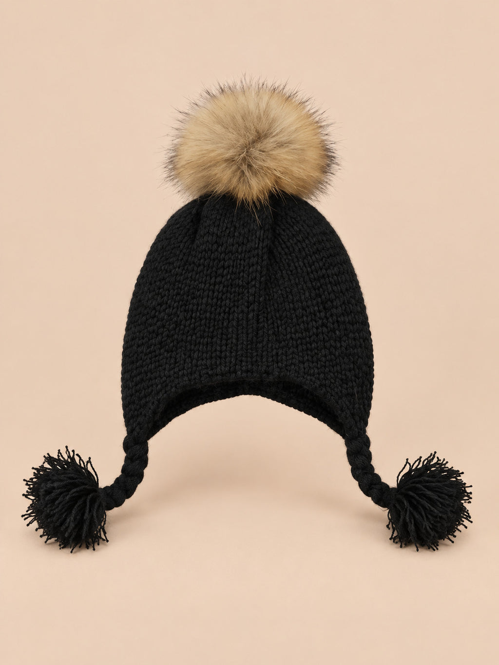 Set berretto e sciarpa da bambino con pompon in pelliccia, colore nero, vista frontale