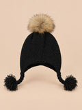 Set berretto e sciarpa da bambino con pompon in pelliccia, colore nero, vista frontale