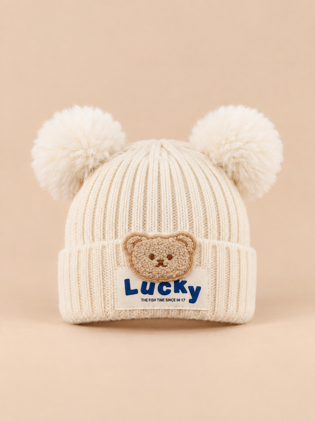 Berretto da bambino a orsetto con due pompon, modello beige 1, colore beige, vista frontale