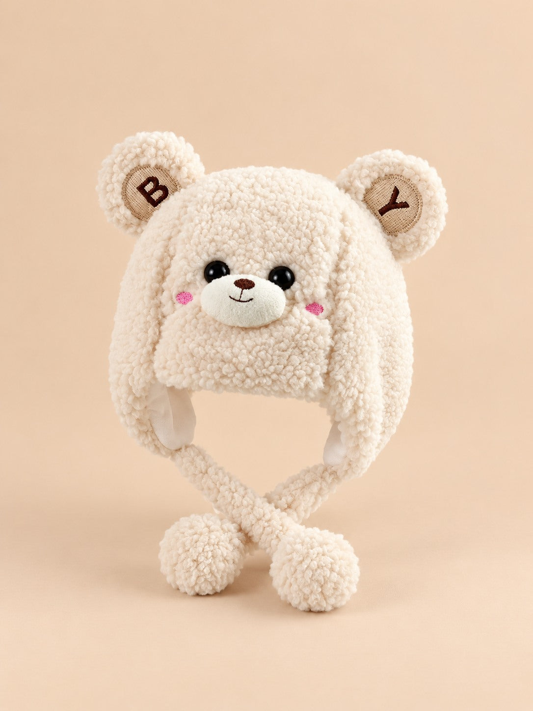 Berretto da bambino a orsetto in peluche con paraorecchie, modello beige 3, colore beige, vista frontale