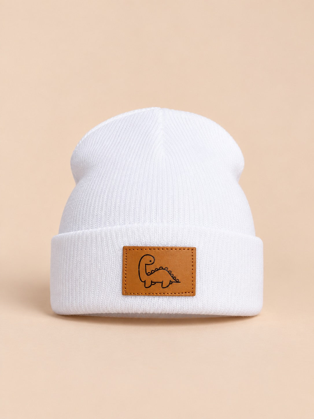 Berretto da bambino con risvolto e toppa a dinosauro, modello bianco 1, colore bianco, vista frontale