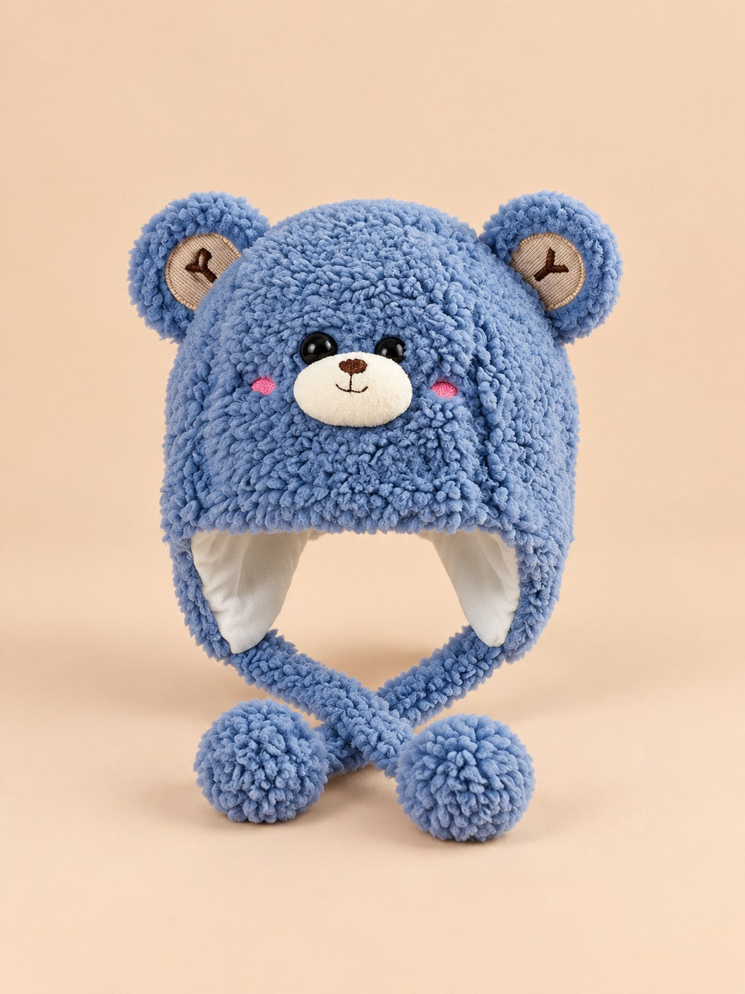 Berretto da bambino a orsetto in peluche con paraorecchie, colore blu, vista frontale