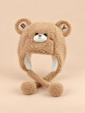 Berretto da bambino a orsetto color caffè effetto peluche, con orecchie tonde e lacci con pompon