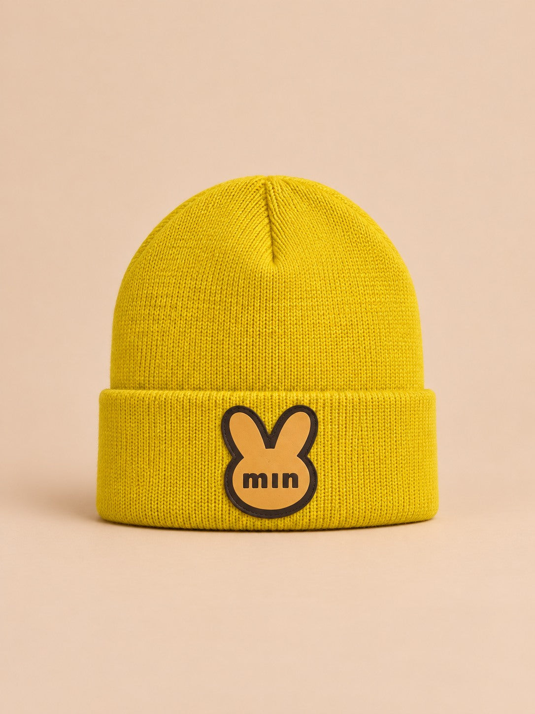 Berretto da bambino con risvolto e toppa a coniglio, modello giallo 1, colore giallo, vista frontale