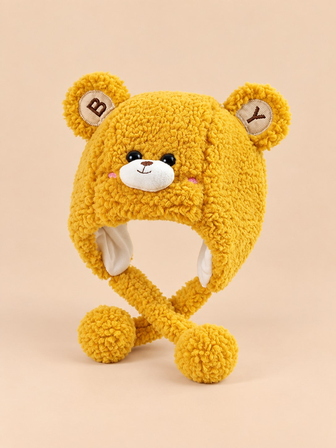 Berretto da bambino a orsetto in peluche con paraorecchie, modello giallo 2, colore giallo, vista frontale