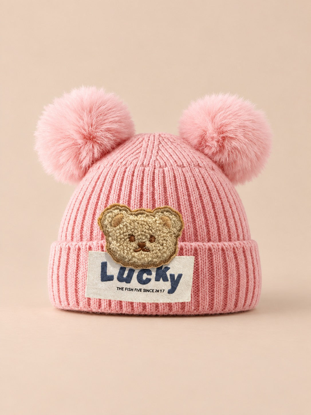 Berretto da bambino a orsetto con due pompon, modello rosa 2, colore rosa, vista frontale
