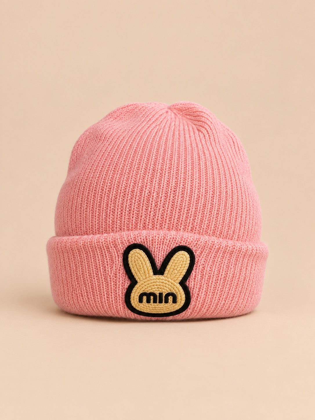 Berretto da bambino con risvolto e toppa a coniglio, modello rosa 4, colore rosa, vista frontale