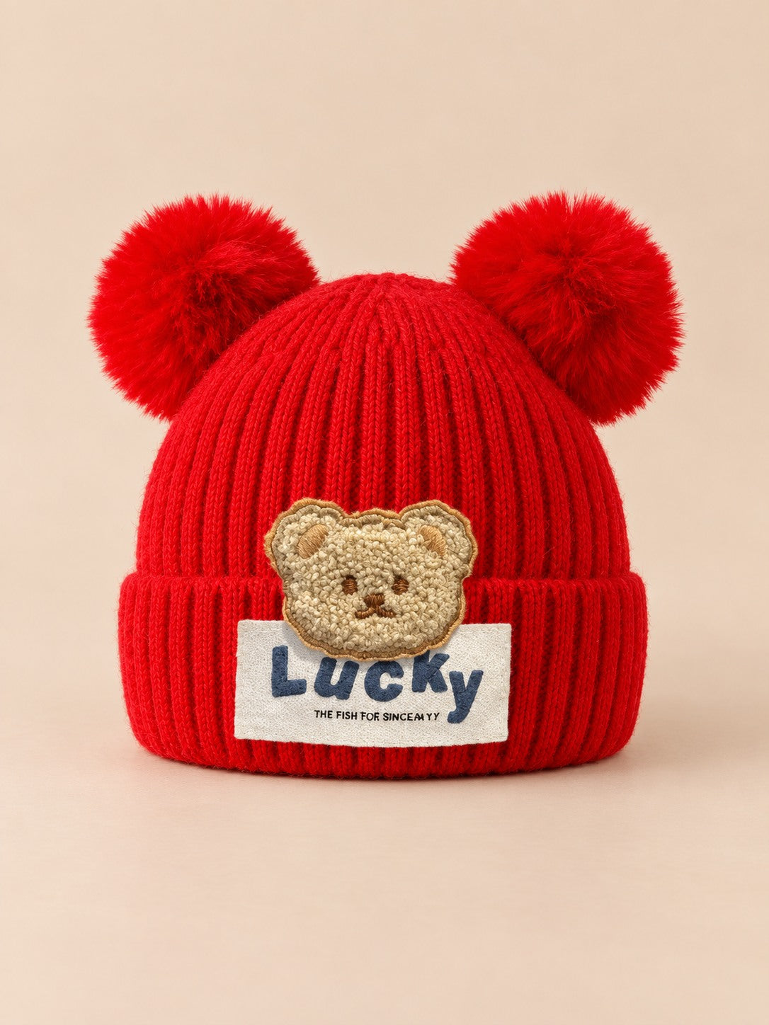 Berretto da bambino a orsetto con due pompon, modello rosso 1, colore rosso, vista frontale