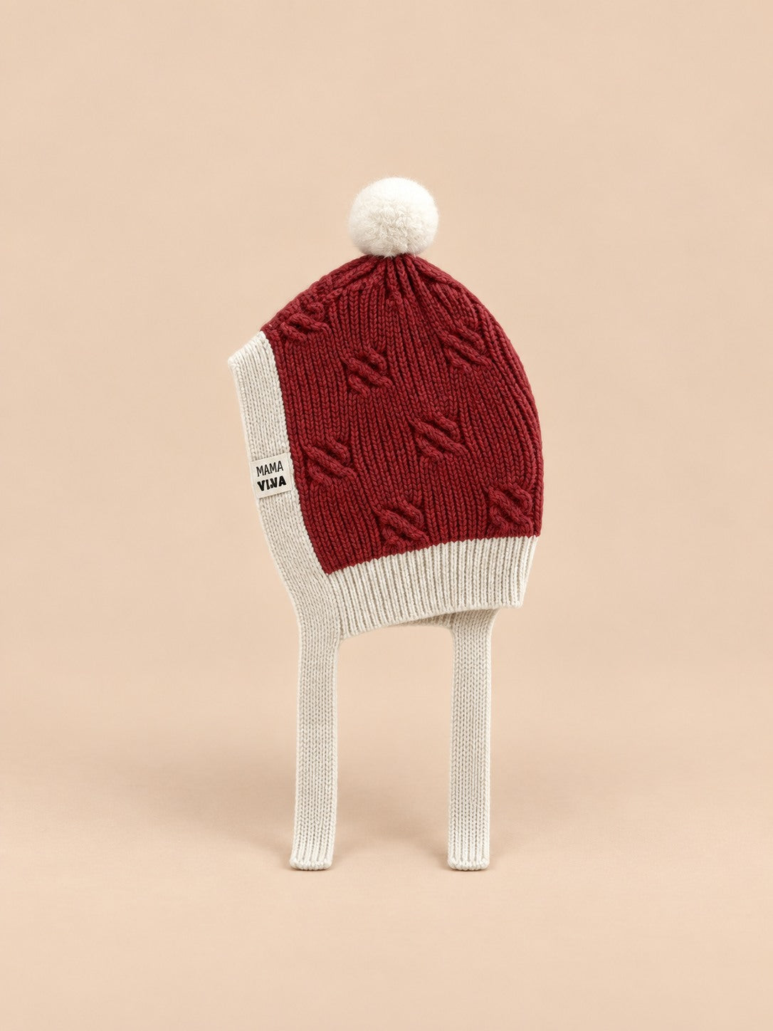 Berretto da bambino bicolore con pompon e paraorecchie, modello rosso 2, colore rosso, vista frontale