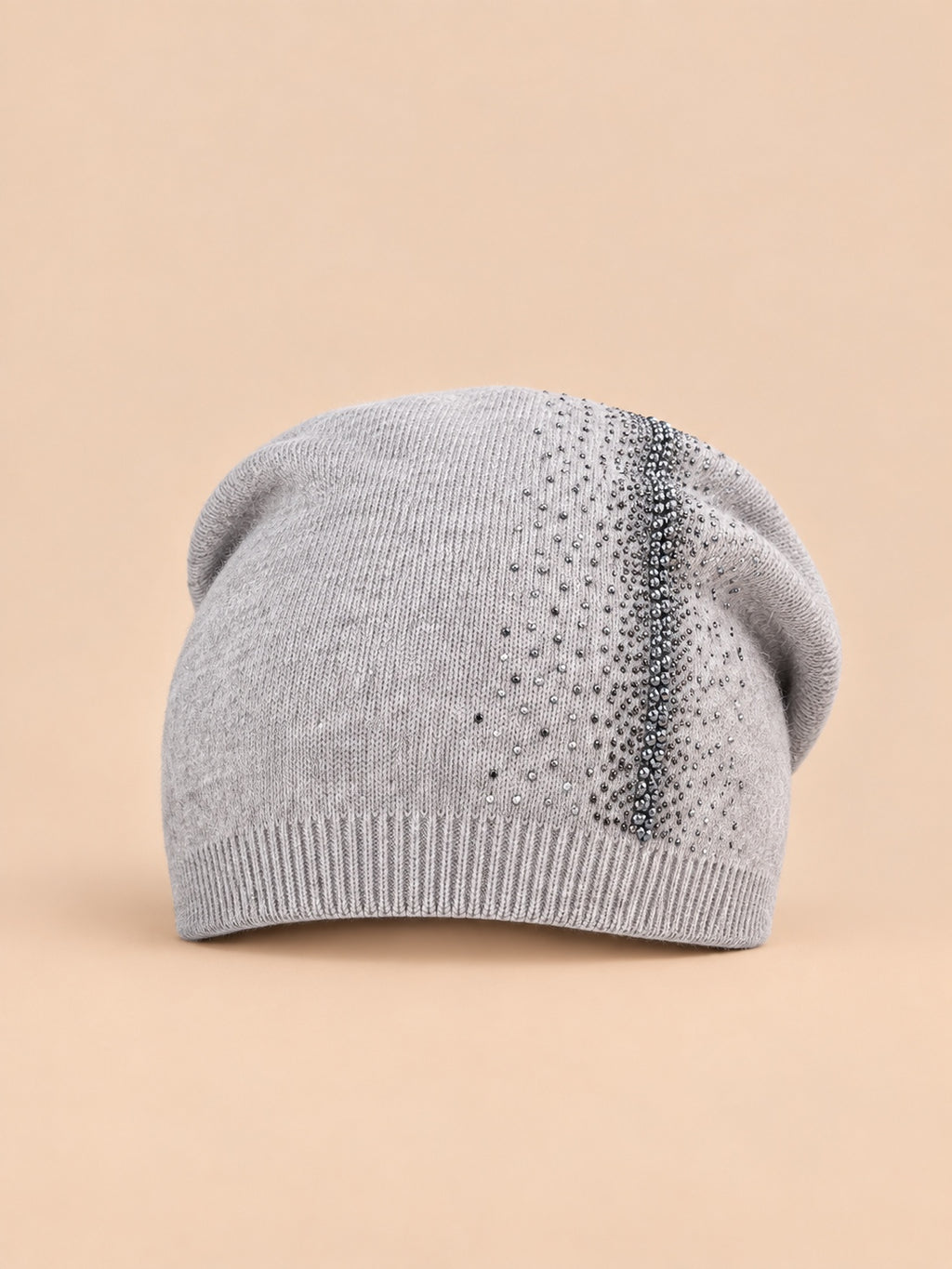 Berretto con strass in misto lana a doppio strato, colore grigio, ENJOYFUR, vista frontale