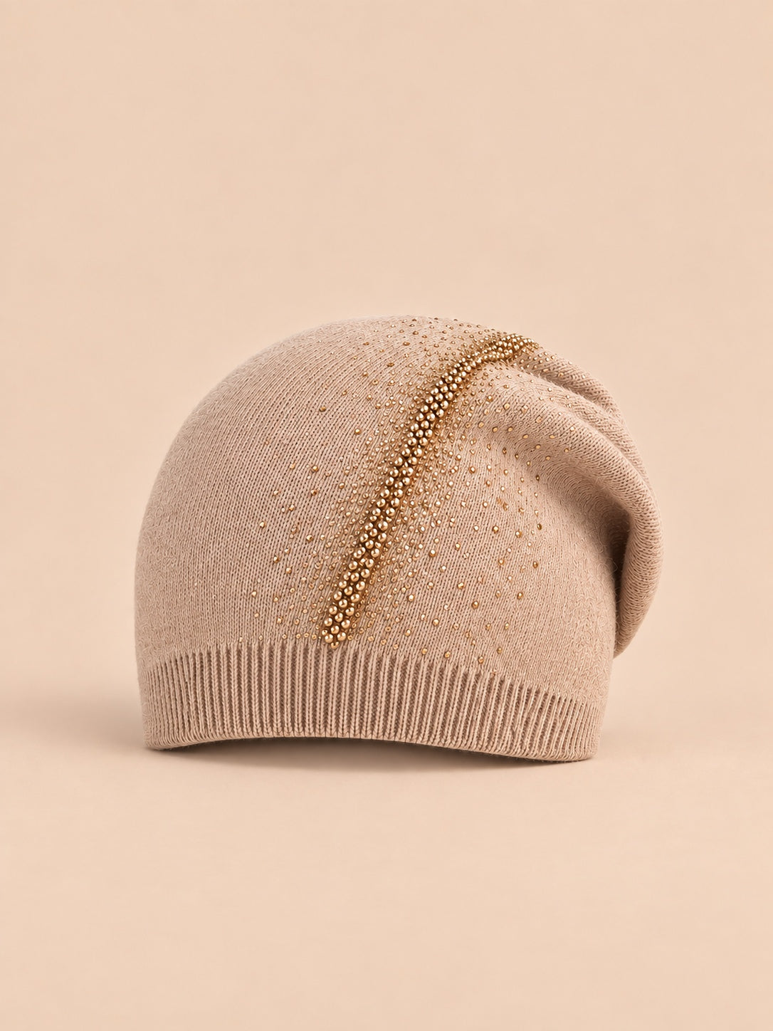 Berretto con strass in misto lana a doppio strato, colore kaki, ENJOYFUR, vista frontale