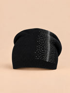 Berretto con strass in misto lana a doppio strato, colore nero, ENJOYFUR, vista frontale