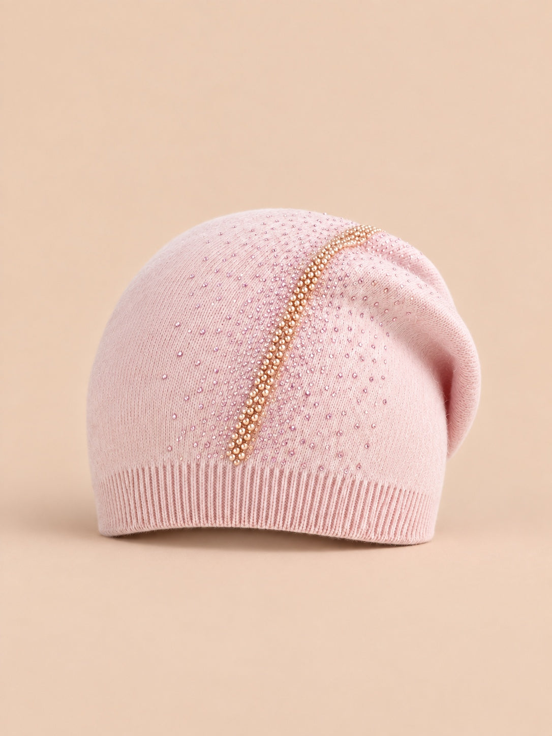 Berretto con strass in misto lana a doppio strato, colore rosa, ENJOYFUR, vista frontale