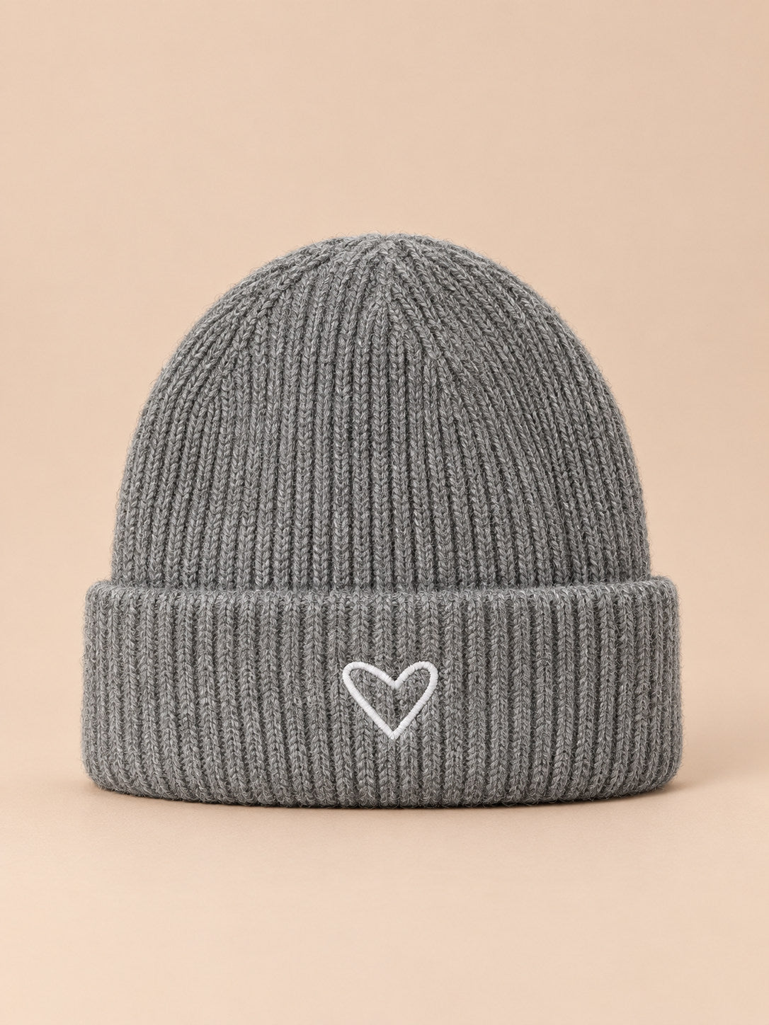 Set berretto e sciarpa da bambino con cuore ricamato, colore grigio, vista frontale
