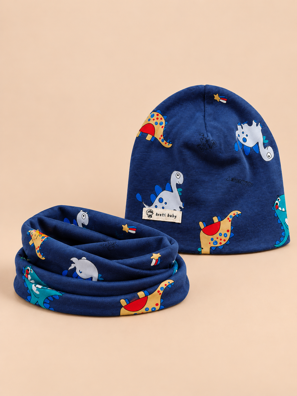 Set berretto e sciarpa da bambino con dinosauri, variante dinosauro blu navy, vista frontale