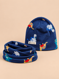 Set berretto e sciarpa da bambino con dinosauri, variante dinosauro blu navy, vista frontale