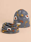 Set berretto e sciarpa da bambino con elefanti, variante elefante blu, vista frontale