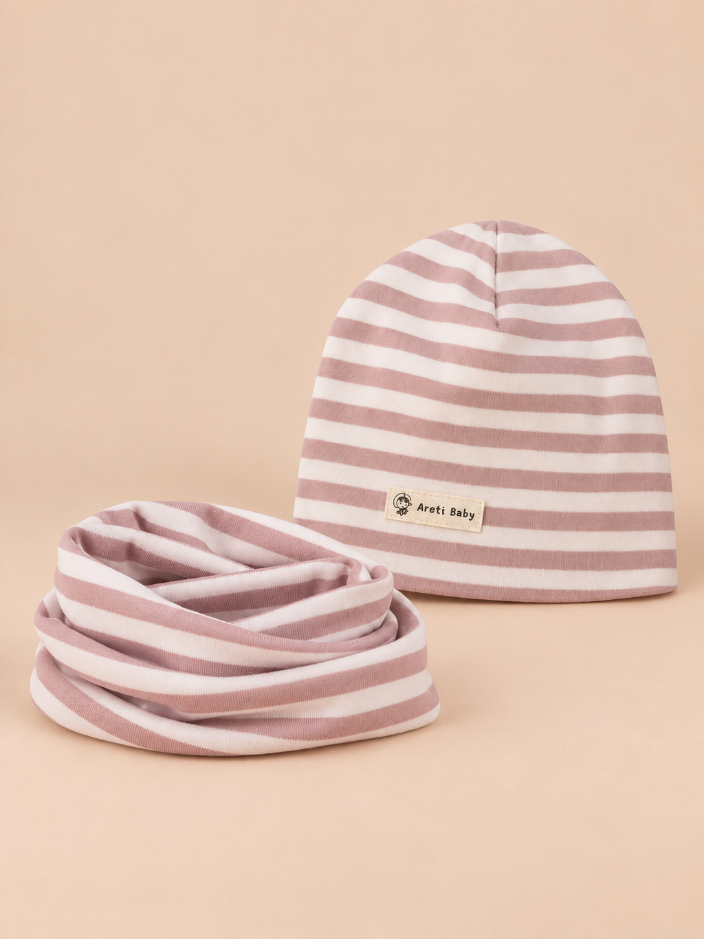 Set berretto e sciarpa da bambino a righe, variante righe rosa e bianco, vista frontale