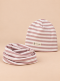 Set berretto e sciarpa da bambino a righe, variante righe rosa e bianco, vista frontale
