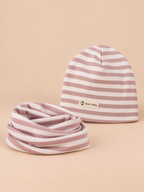 Set berretto e sciarpa da bambino a righe, variante righe rosa e bianco, vista frontale