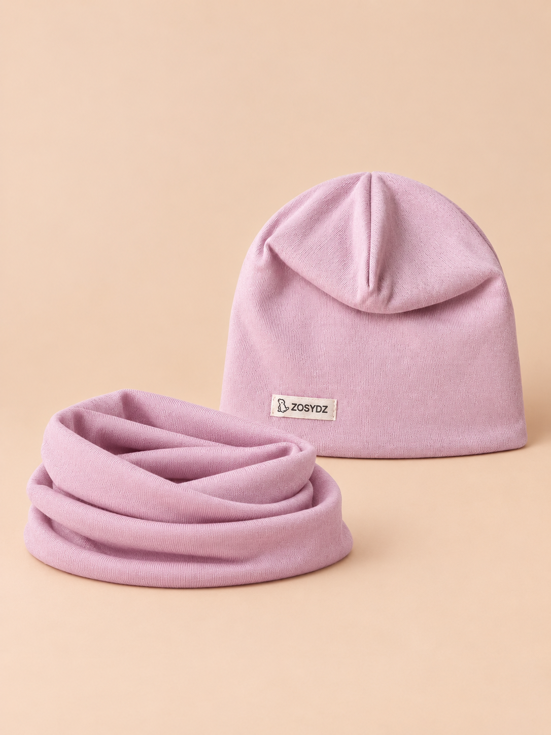 Set berretto e sciarpa da bambino a tinta unita, variante rosa 1, vista frontale