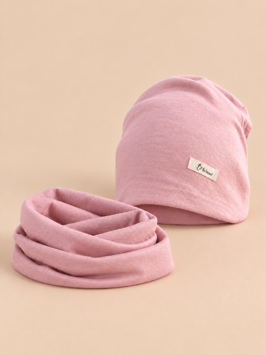 Set berretto e sciarpa da bambino a tinta unita, variante rosa A, vista frontale
