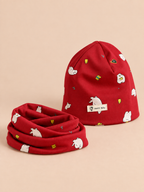 Set berretto e sciarpa da bambino con orso rosso, colore rosso, vista di tre quarti