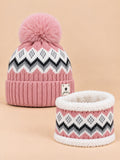Set berretto e sciarpa in peluche con paraorecchie, colore rosa, RED ALLS, vista frontale