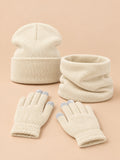 Set berretto, scaldacollo e guanti in maglia elasticizzata, colore beige, vista frontale