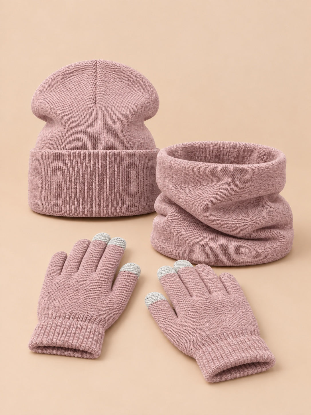 Set berretto, scaldacollo e guanti in maglia elasticizzata, colore rosa, vista frontale