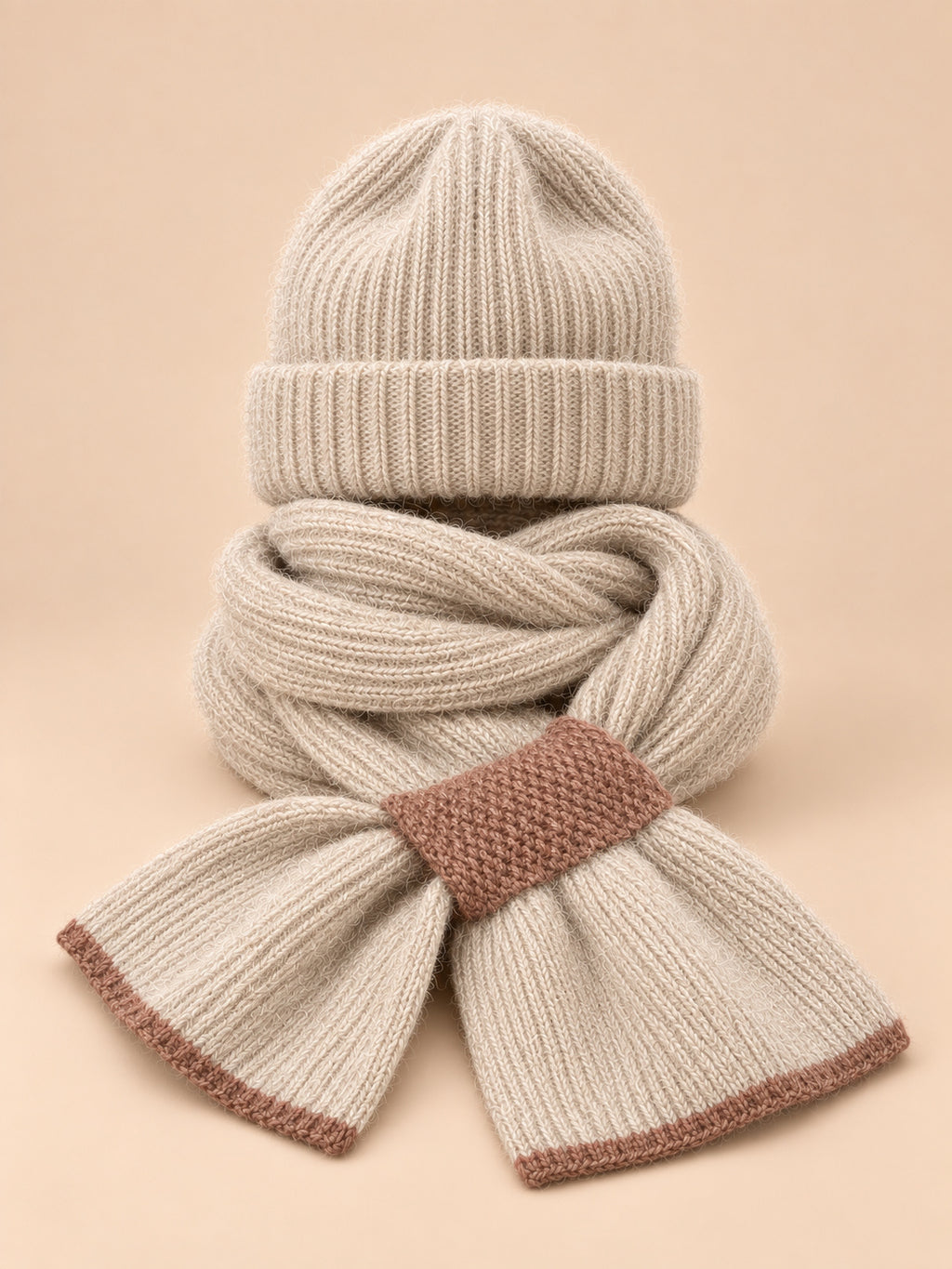 Set berretto e sciarpa da donna in maglia effetto peluche, colore beige, vista frontale