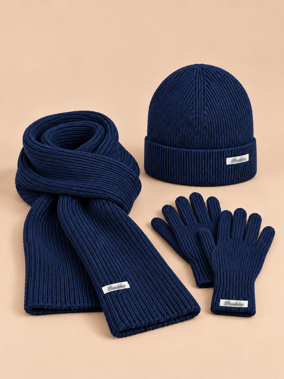 Set berretto, sciarpa e guanti da donna, stile coreano, colore blu navy, vista frontale