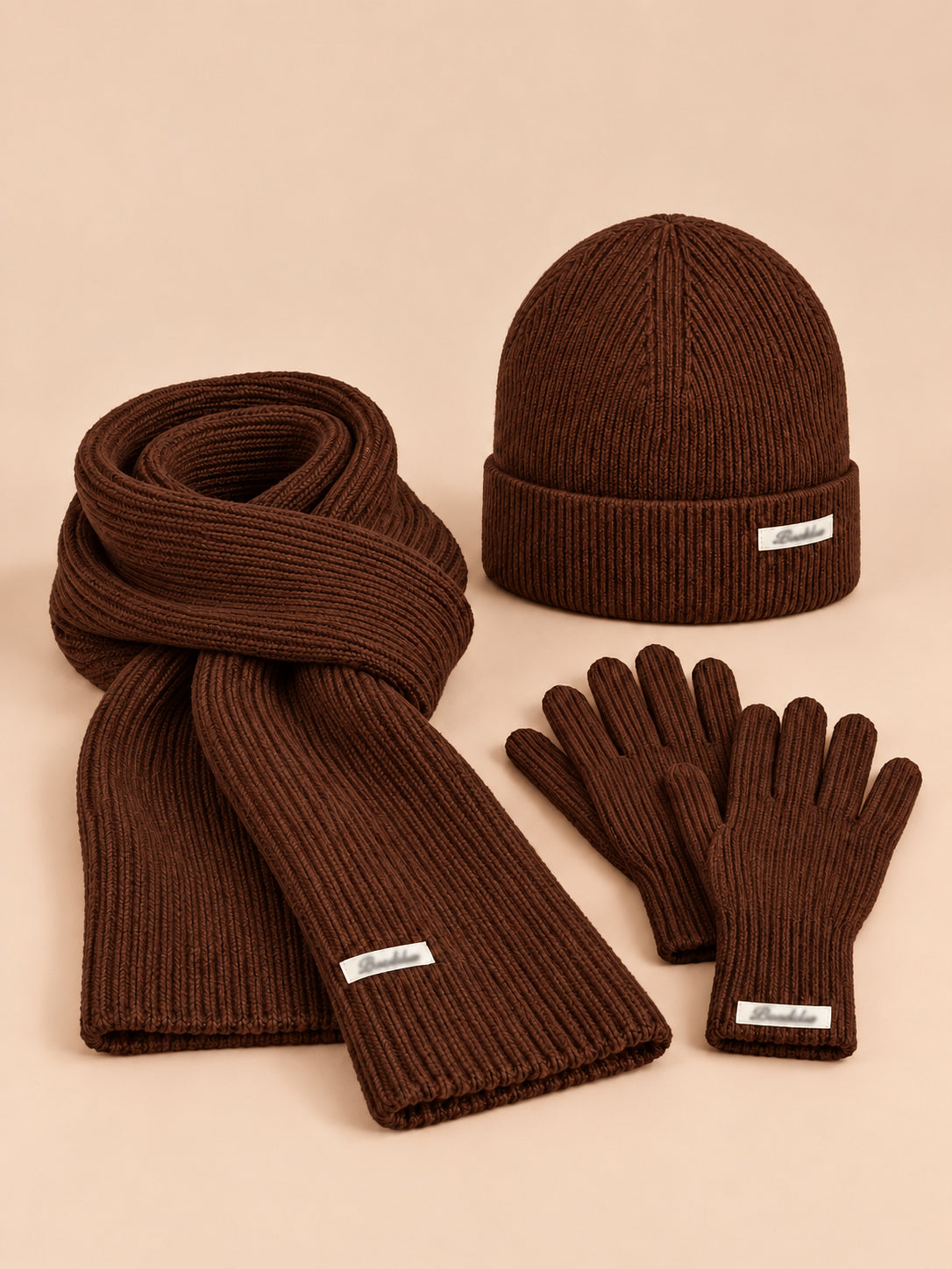 Set berretto, sciarpa e guanti da donna, stile coreano, colore caffè, vista frontale