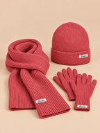 Set berretto, sciarpa e guanti da donna, stile coreano, colore fucsia, vista frontale