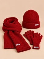 Set berretto, sciarpa e guanti da donna, stile coreano, colore rosso, vista frontale