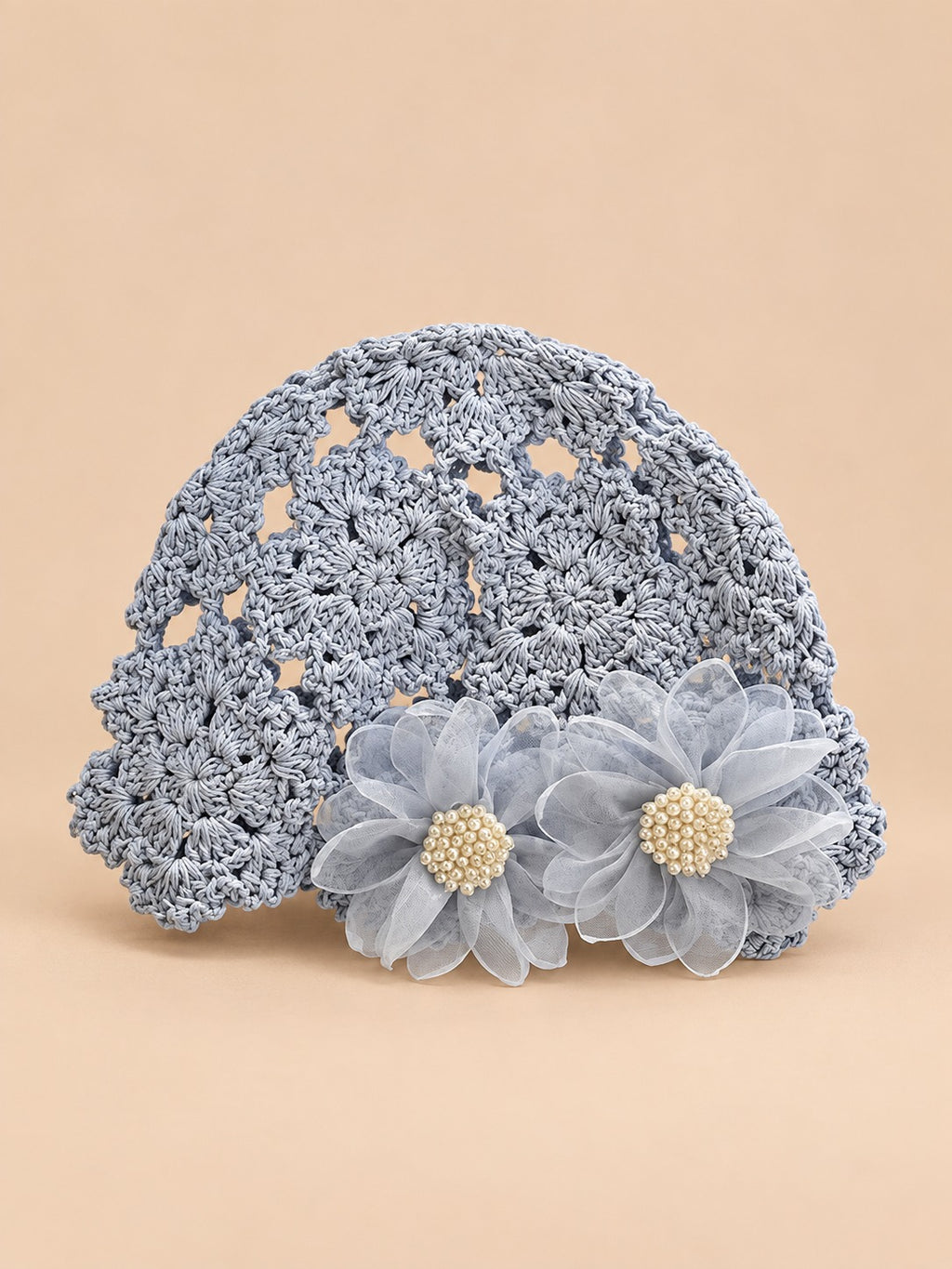 Cappello in cotone all’uncinetto con fiori, stile giapponese, colore blu, vista frontale