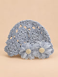 Cappello in cotone all’uncinetto con fiori, stile giapponese, colore blu, vista frontale