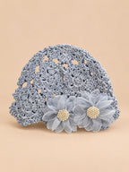 Cappello in cotone all’uncinetto con fiori, stile giapponese, colore blu, vista frontale