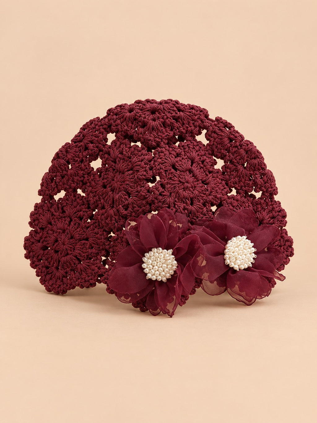 Cappello in cotone all’uncinetto con fiori, stile giapponese, colore bordeaux, vista frontale