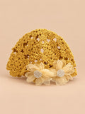 Cappello in cotone all’uncinetto con fiori, stile giapponese, colore giallo, vista frontale