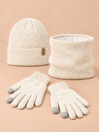 Set berretto, scaldacollo e guanti touchscreen, colore beige, FURTALK, vista frontale