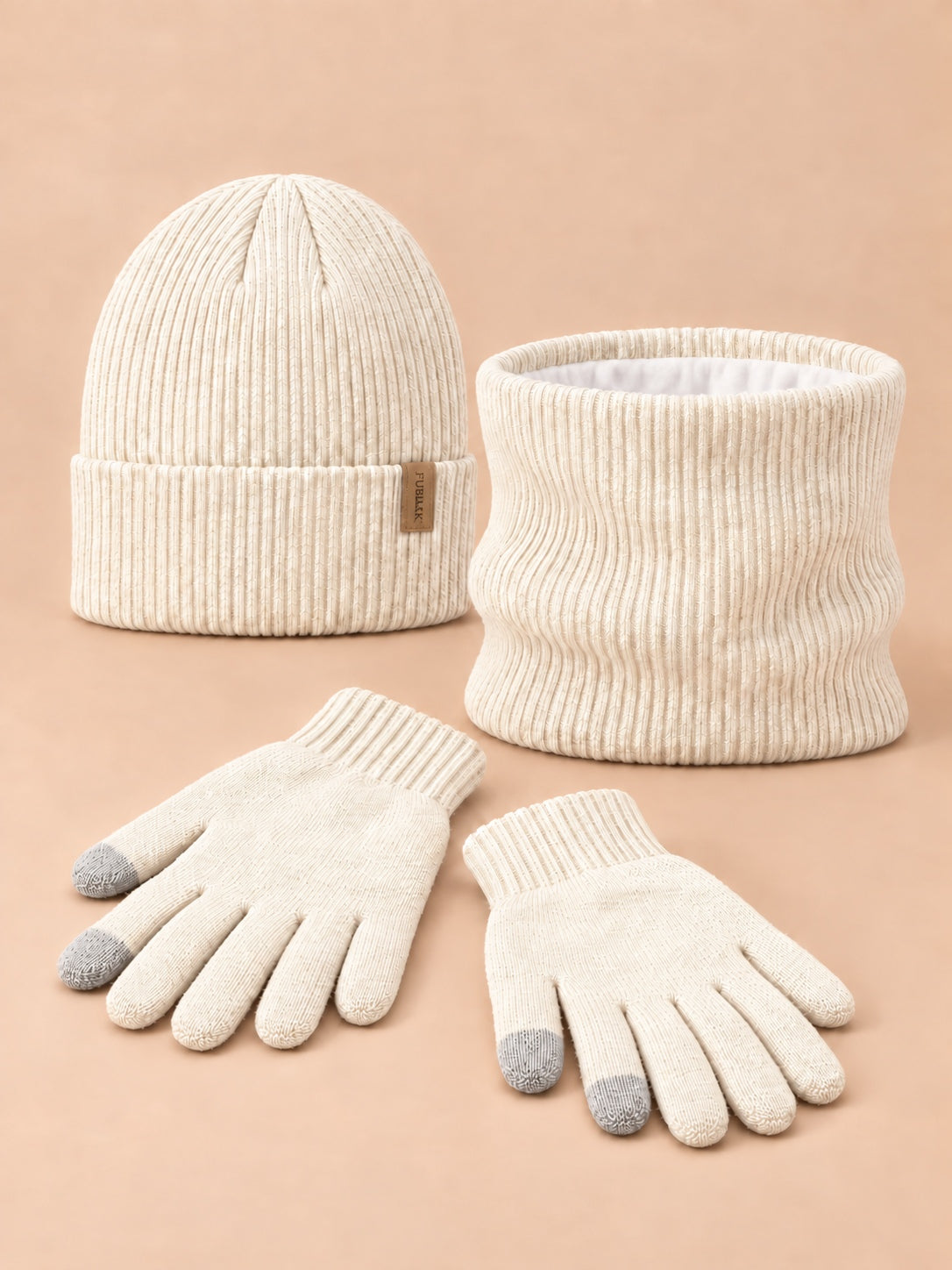 Set berretto, scaldacollo e guanti touchscreen, colore beige, FURTALK, vista frontale