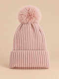 Berretto da sci in maglia con grande pompon soffice, senza logo, colore rosa, vista frontale