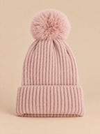 Berretto da sci in maglia con grande pompon soffice, senza logo, colore rosa, vista frontale