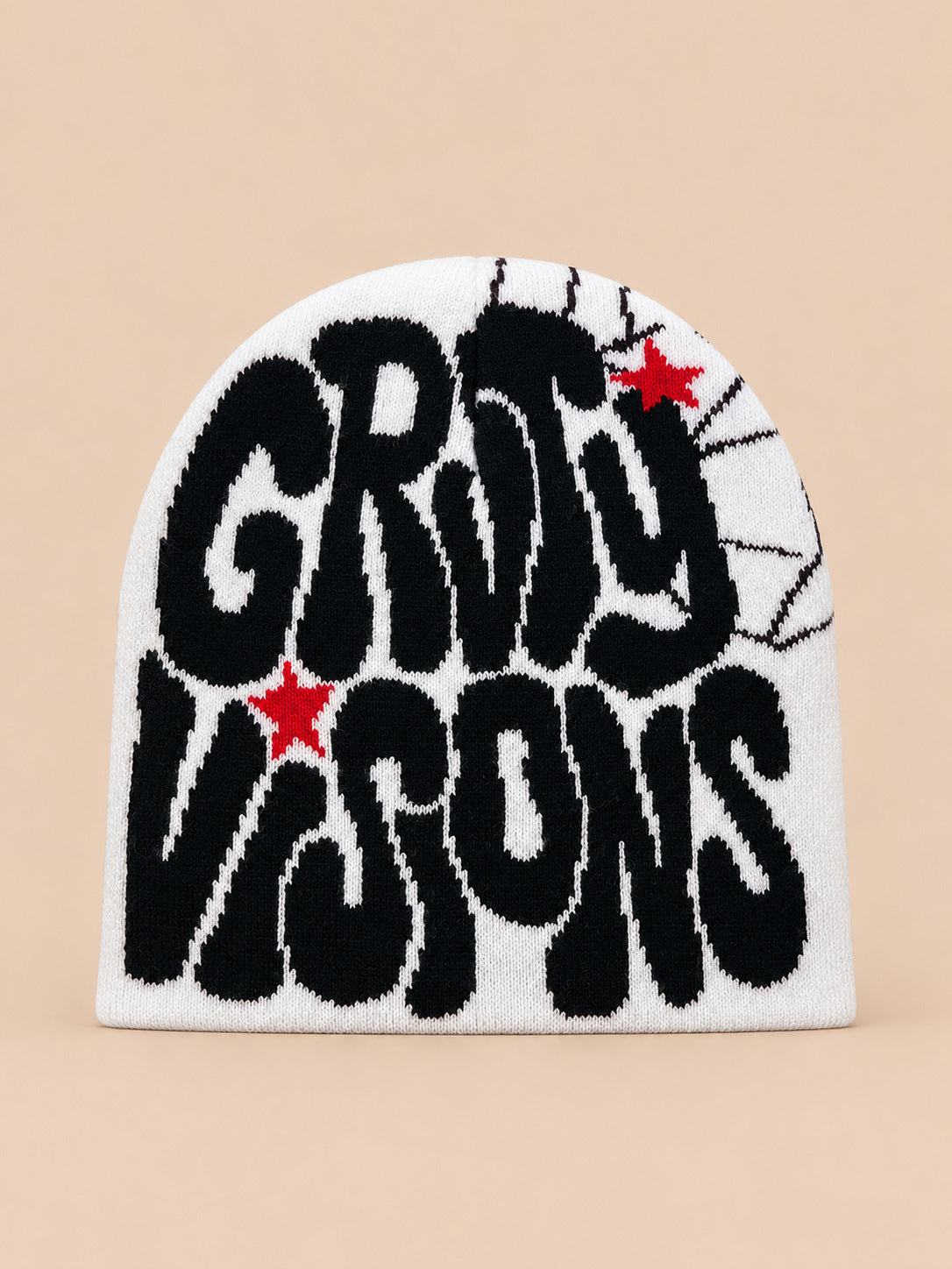 Berretto hip-hop in maglia con scritte, stile streetwear, colori bianco e nero, GRIND VISIONS, vista frontale